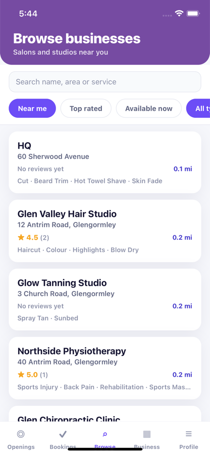 Browsing nearby businesses in the Fill Yer Books app